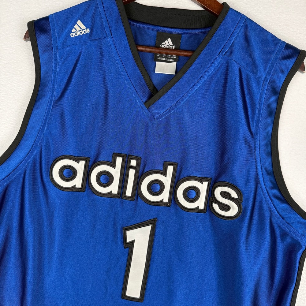Vtg Y2K Adidas Basketball Jersey Mens XL Blue Satin Sleeveless Spellout #1